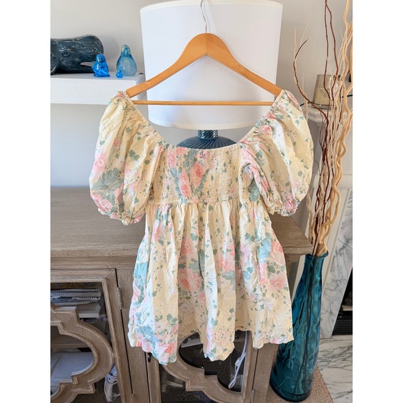 Selkie Hampton Floral Puff Sleeve Romper Women Yellow Pastel Size Large - Picture 6 of 12